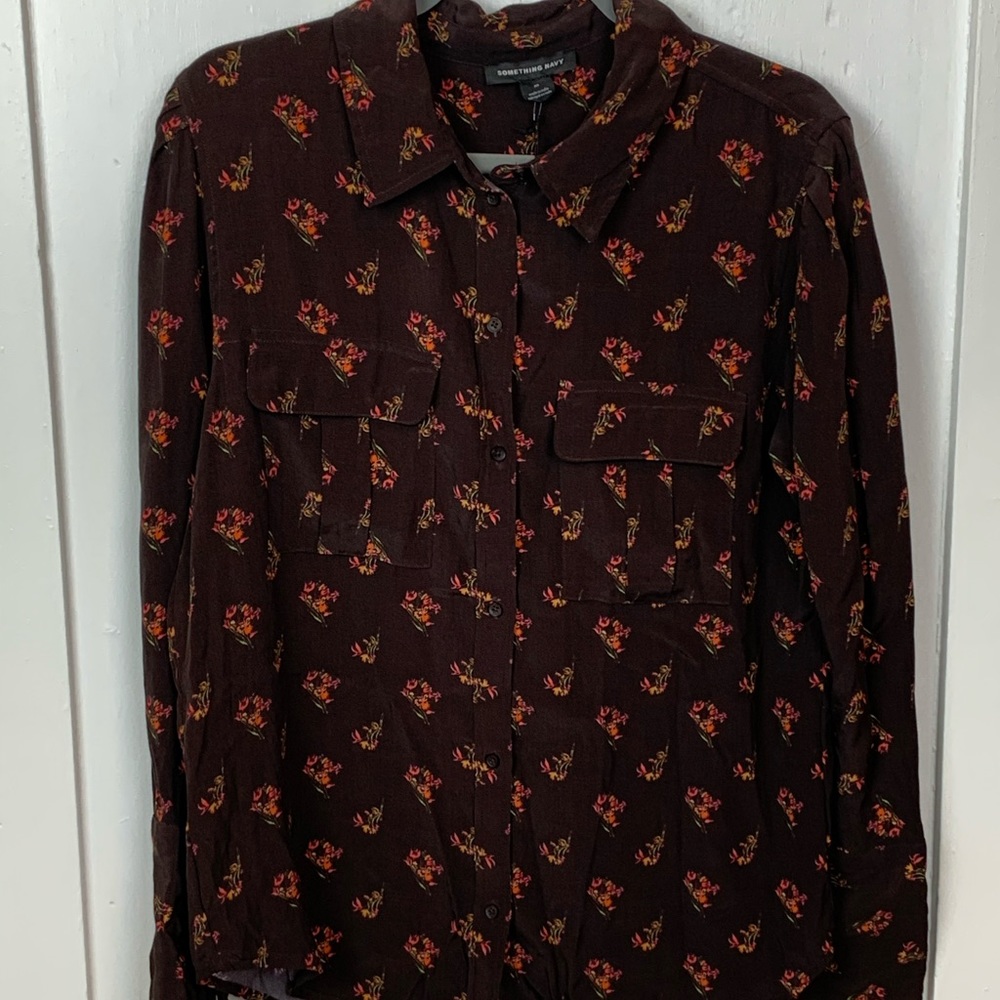 Something Navy Brown Floral Long Sleeve Buttondown